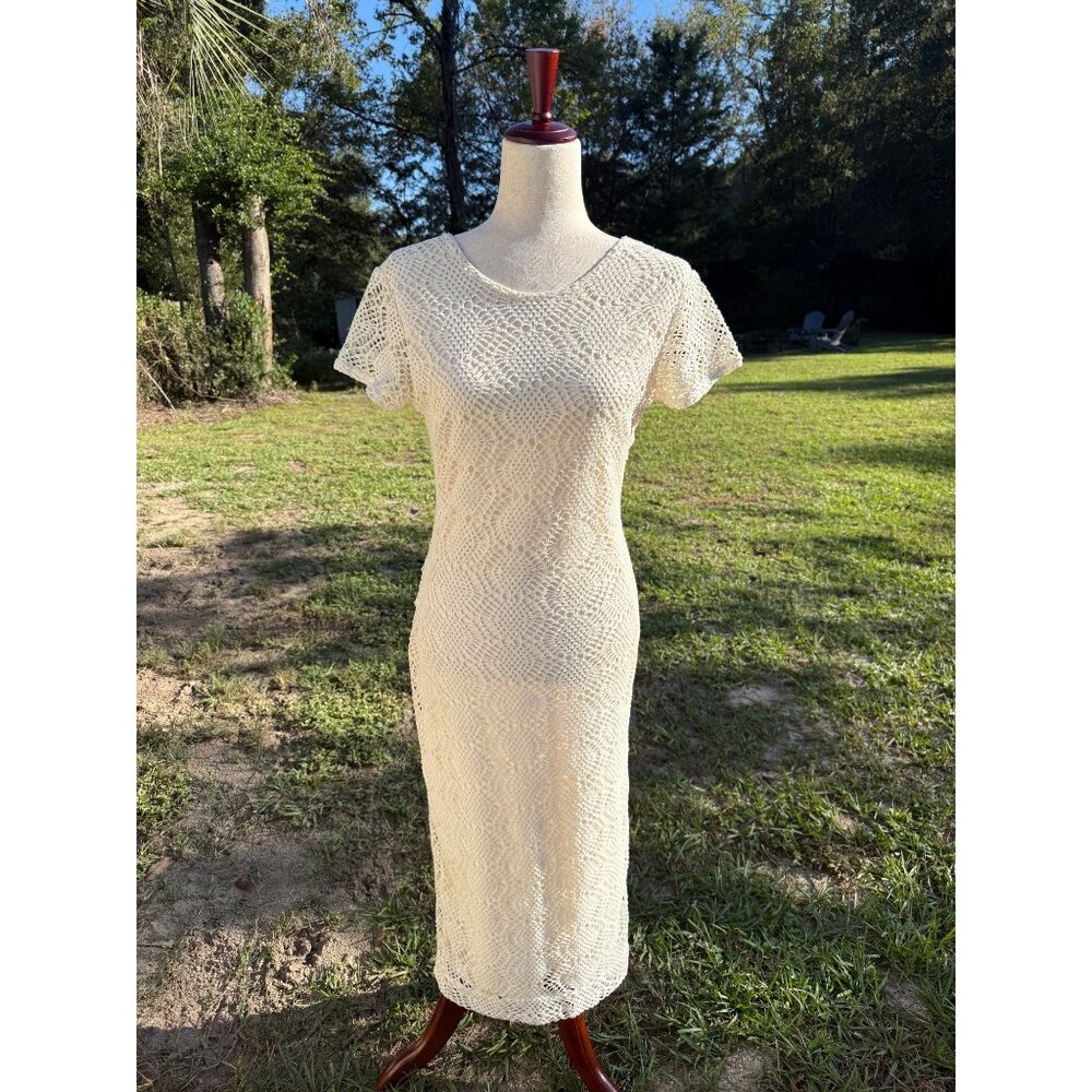 Vtg Newport News 6 Cream Crochet Lace Midi Dress feminine coquette festival Y2K